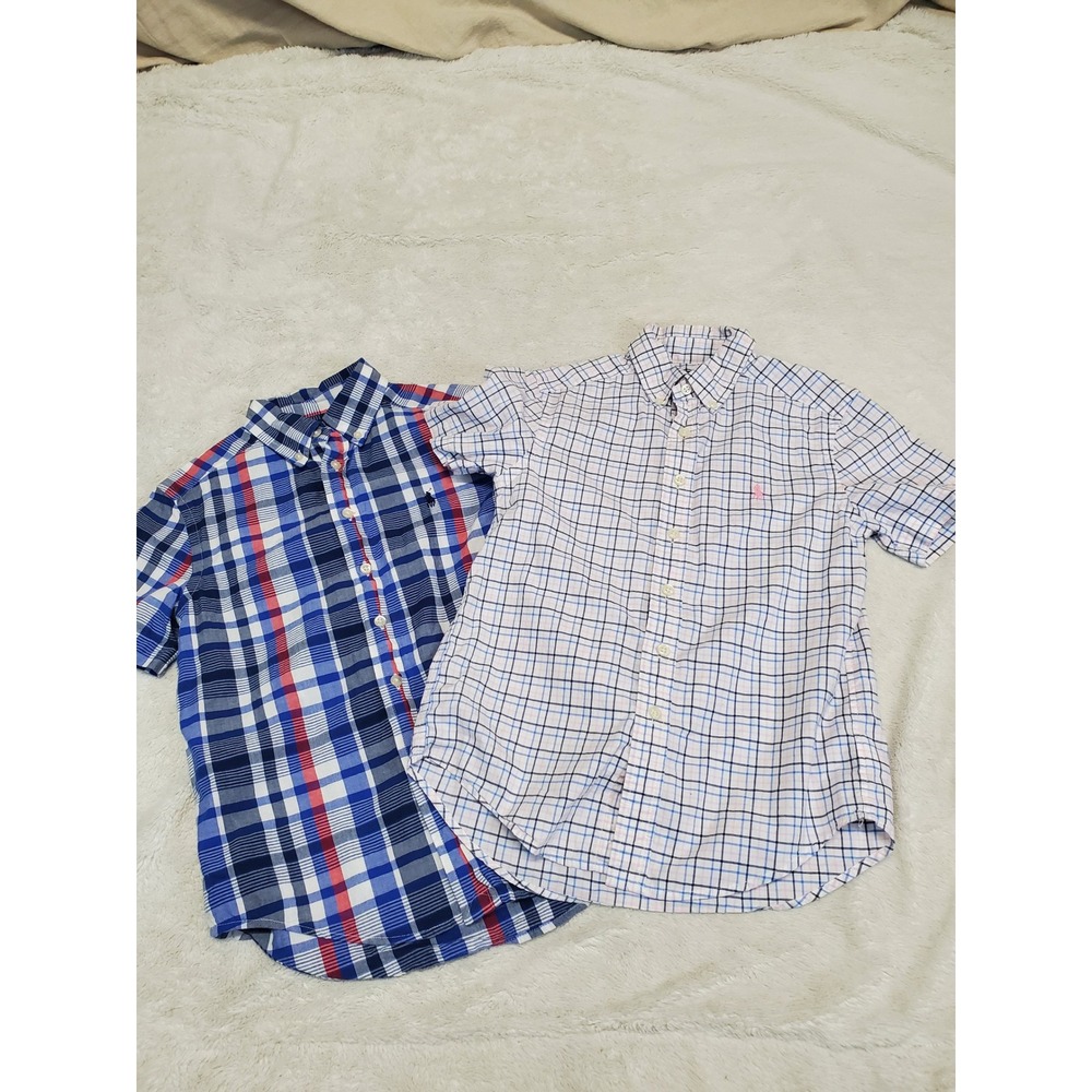 Ralph Lauren Blue White Pink Plaid Classic Set of 2 Button Shirt Boy 8 Basic